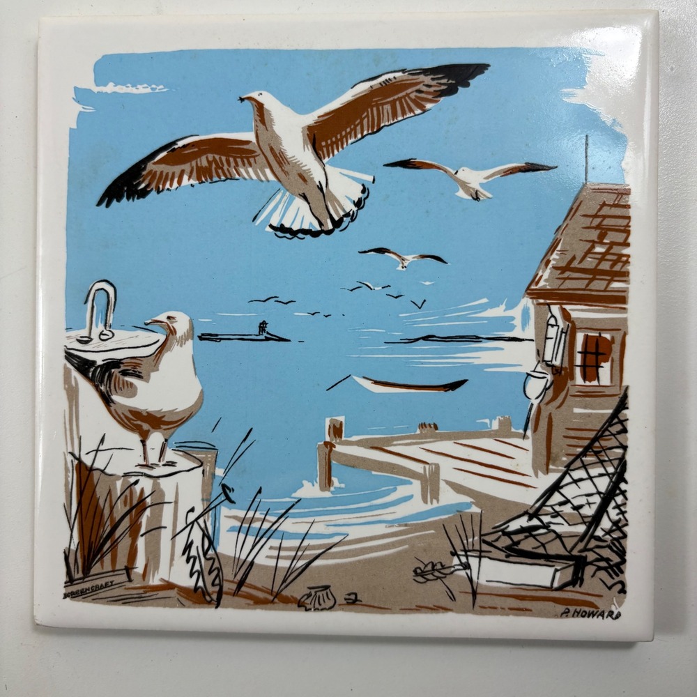 Vintage Screen Craft Seagull‎ Ceramic Tile Coastal Wall Art Hand Decorated